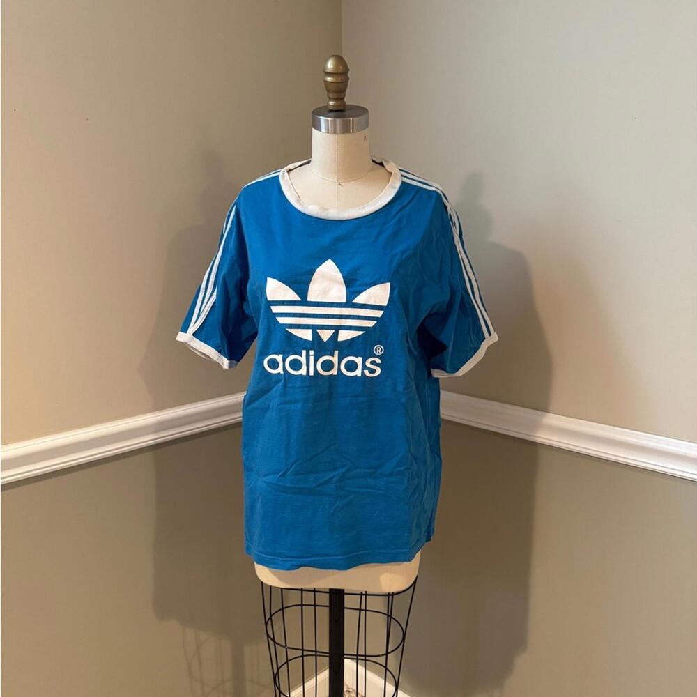 Vintage Adidas Equipment Blue T-shirt with Three Stripe Large